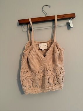 Pink Rose Beige Crochet Knit Camisole Tank/ pant set